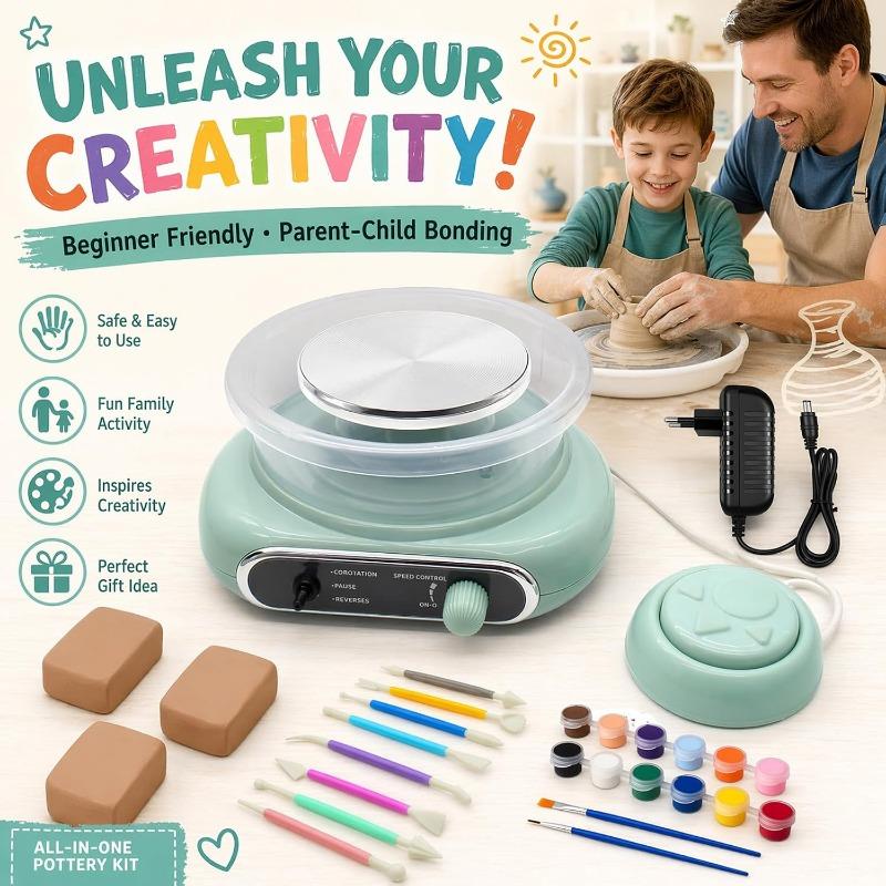 Mini-Keramikscheiben-Set 10cm, Elektrische Scheibe mit Werkzeugen und Ton | Komplettes Töpfer-Set aus Ton, Topfplatte Elektrisch Ideal für Anfänger zum Basteln