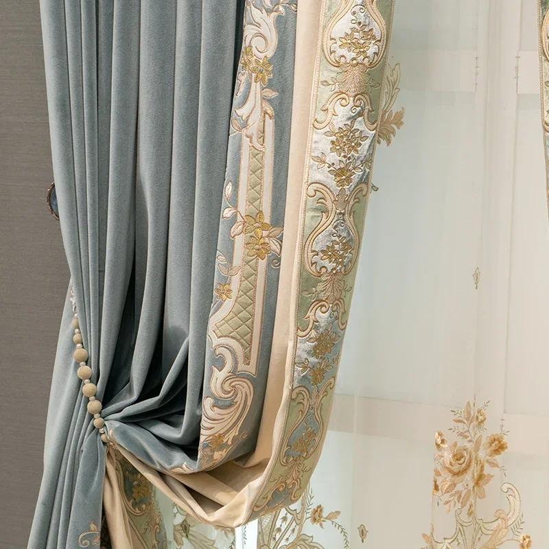 Luxury European Embroidered Thickened Blue Polyester Curtains Living Room Bedroom Lace Valance Tulle Curtain Light Blocking Ideal For Great