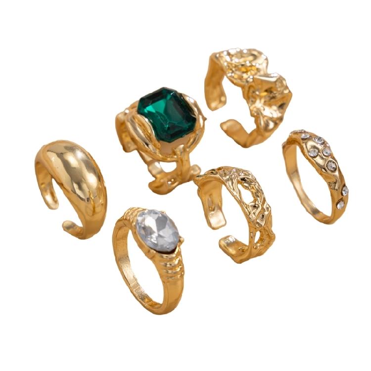 Women’s Gold Color Jewelry Set 6 Adjustable Rings Zircon Accents Stackable Gift Inlaid Zircon Jewelry Set