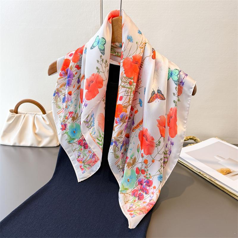 Luxury Floral Printed Square Scarf For Women Imitation Silk Scarves Bandanas Hijab Neckerchief Elegant Shawl Wraps