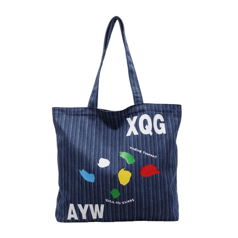 Large Capacity Denim Bag Women's New Fashion Striped Versatile Shoulder Bag Going Out Commuting Tote Bag