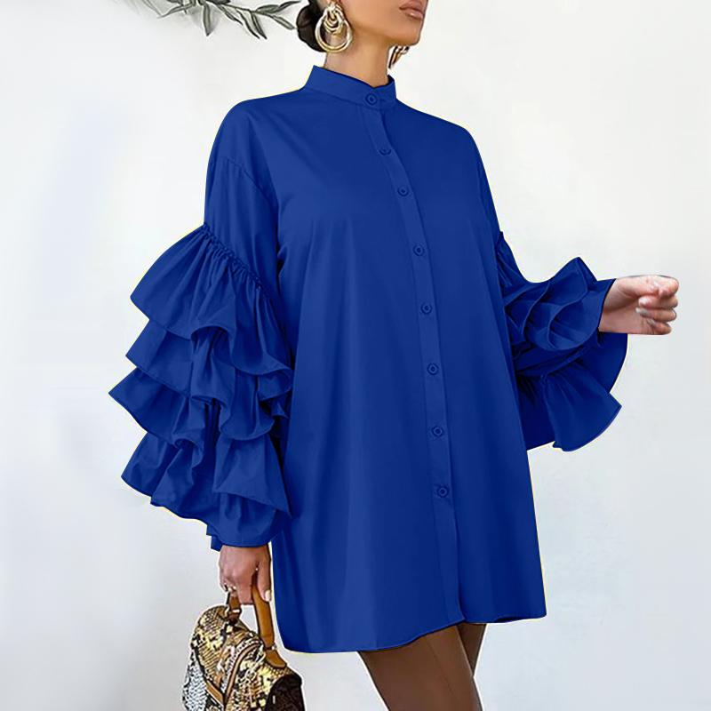 VONDA Women Plus Size Stand Collar Layered Ruffle Long Sleeve Dresses