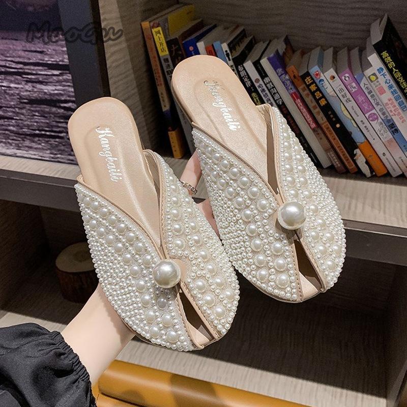 Fashion 2025 Women Summer Fashion Footwear Pearl Fairy Style Flat Soft Bottom Mules Slip On Cover Toe Slides Zapatos De Mujer Size36-40