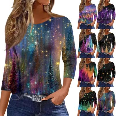 Dámske módne ležérne tričko s okrúhlym výstrihom, kvetinovou potlačou a trojštvrťovými rukávmi