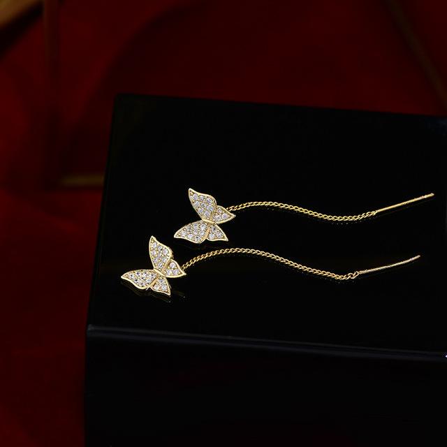 

Дизайнерские модные ювелирные изделия, изысканные длинные серьги с маленькими бабочками и цирконами, элегантные повседневные рабочие аксессуары белый