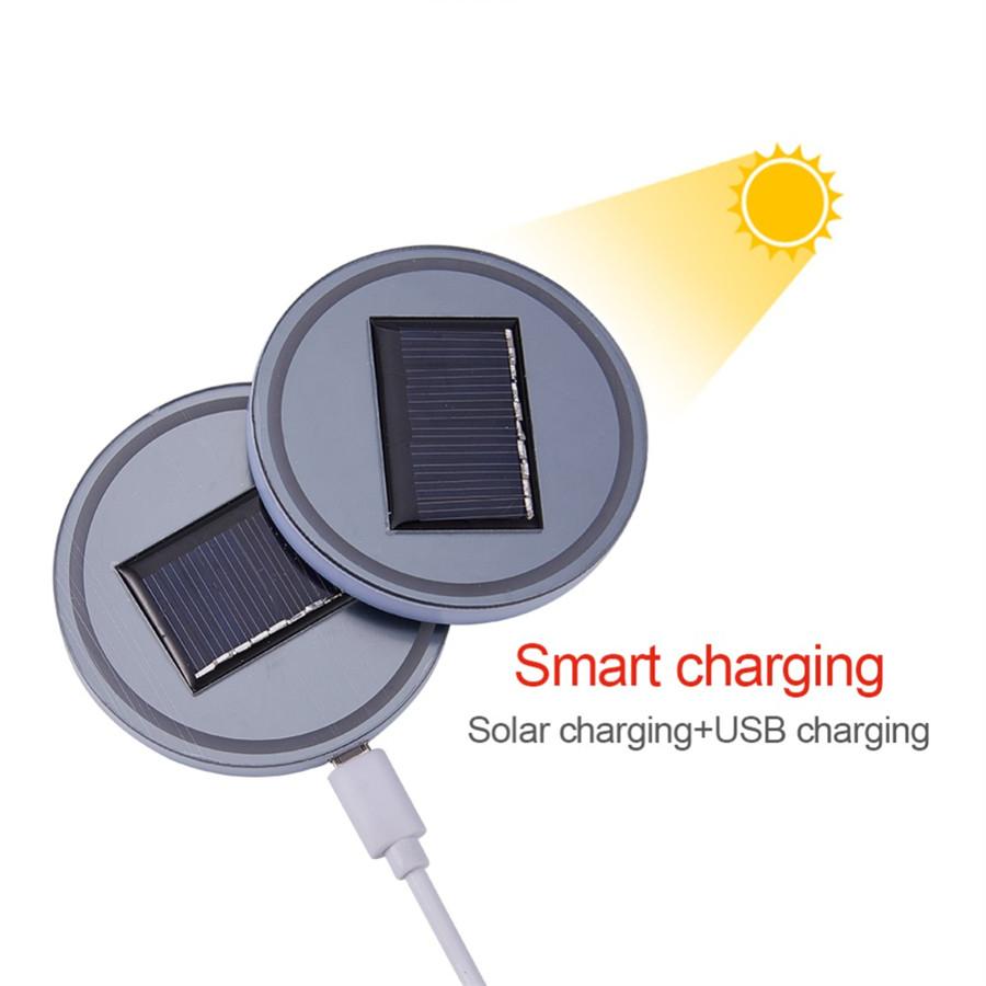 Çift 68mm Yuvarlak Solar+USB Şarjlı Araba Bardak Tutucu Alt 7 Renk RGB LED Işıklar
