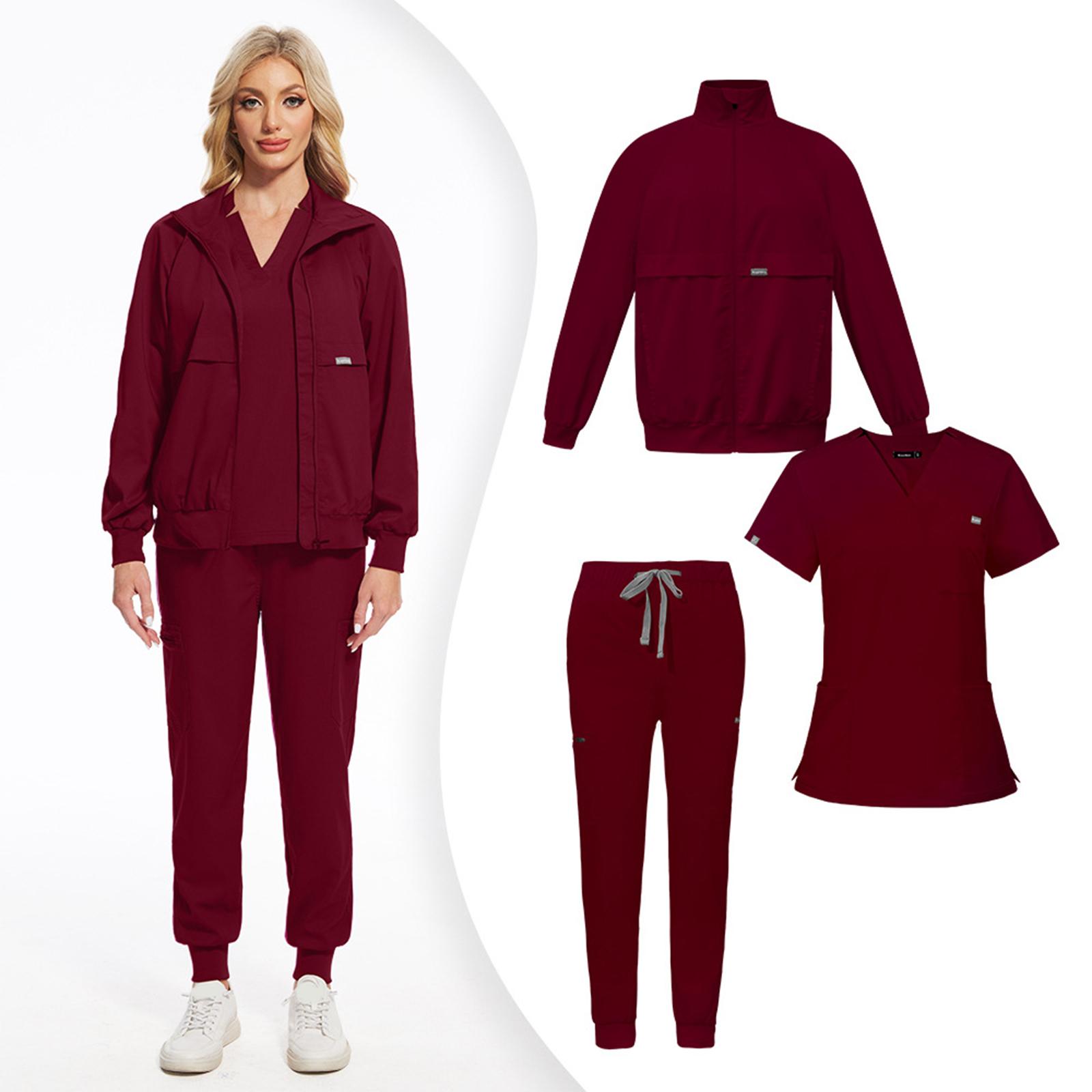 

Женская свободная и удобная рабочая одежда с V-образным вырезом и короткими рукавами, с несколькими карманами и комплектом костюма для красоты M винный