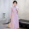 Elegant Purple-Pink Dress Women Vintage Chinese Style Midi With Stand Collar Wear