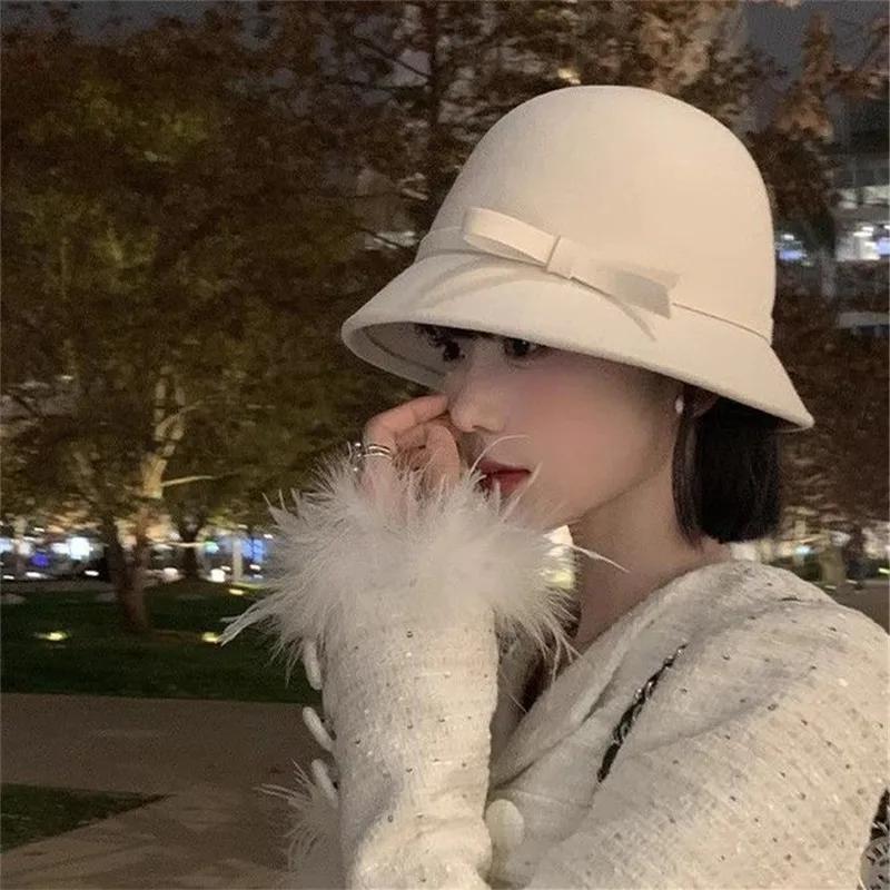 Elegant Women Felt Dome Bucket Hat Vintage Bowknot Fedoras Hats Autumn Winter Ladies Imitation Woolen Bowler Cap