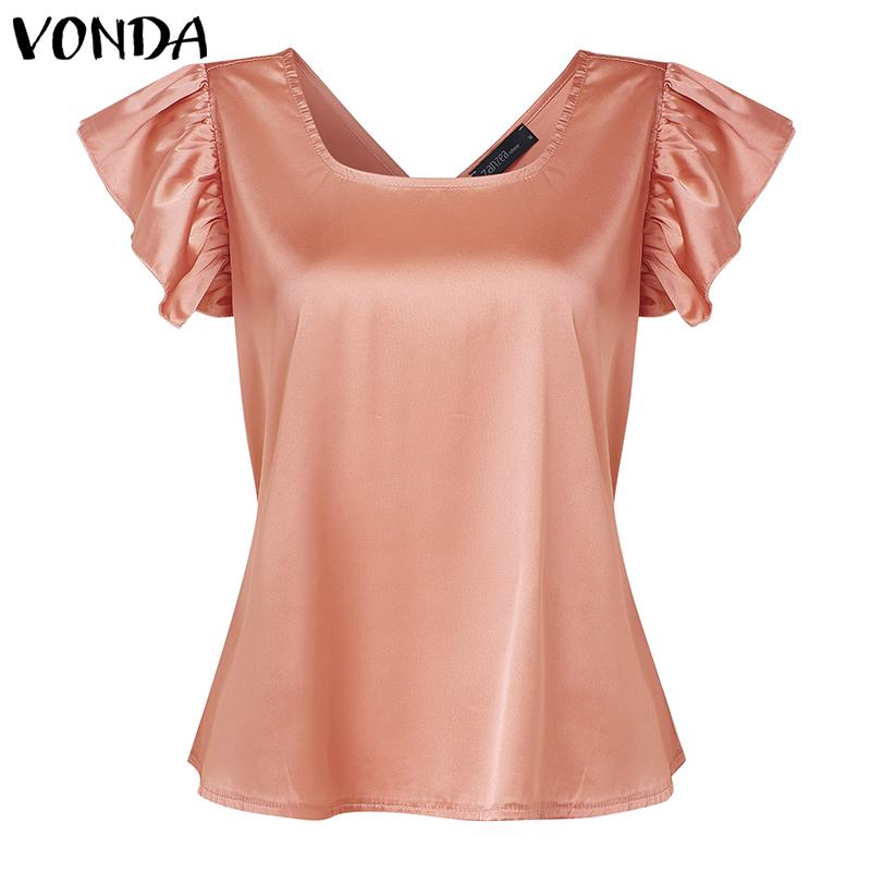 ZANZEA Women Square Collar Ruffled Short Sleeve Satin Casual Blouse
