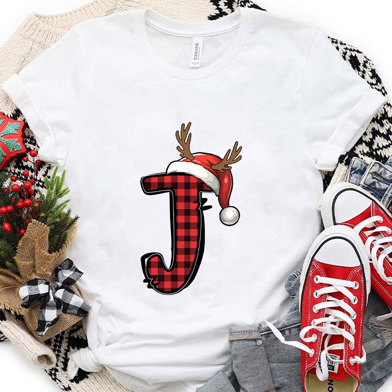 Christmas Alphabet AZ Letter Print Womens Tshirt Santa Graphic Casual Holiday Fashion Top Xmas Party Tees shirt for Women