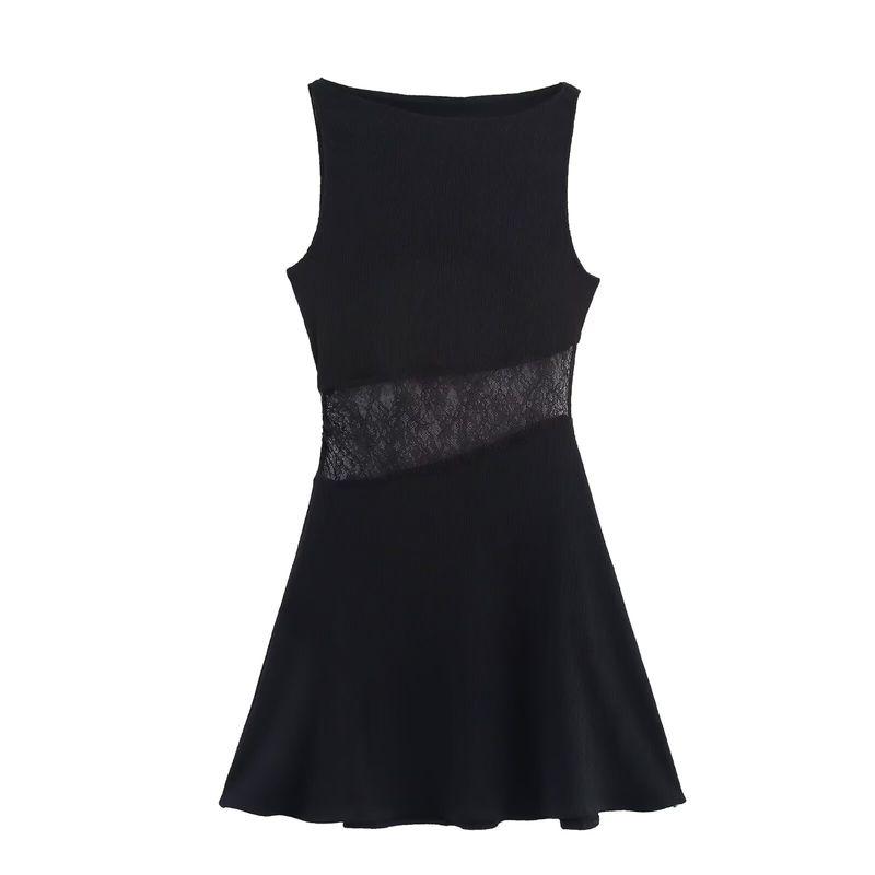 

Zbzr Spring New Women clothes Western Style Fashion Temperament Lace Stitching round Neck Short Dress 3644804 Black L