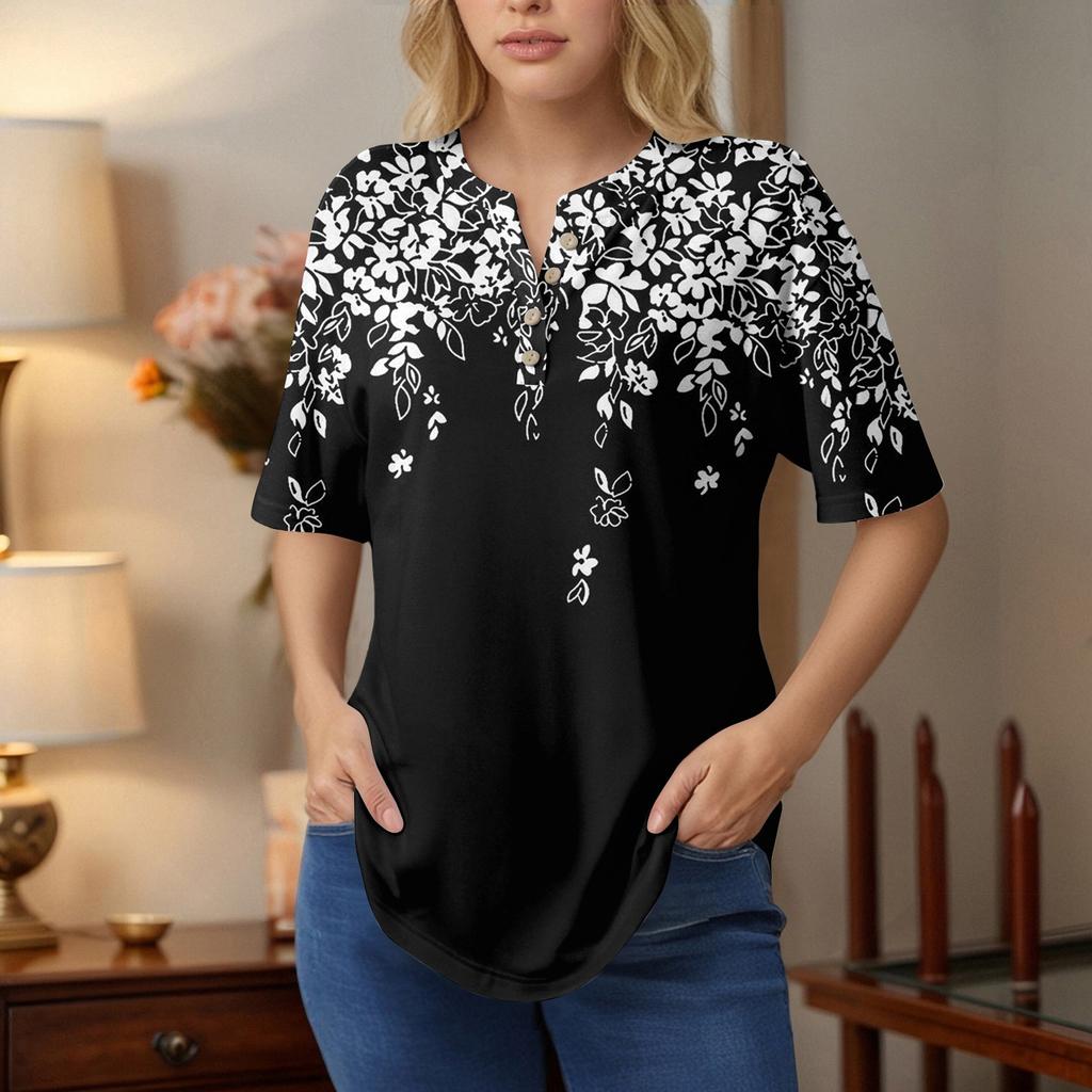 Short Sleeve Womens Tops Summer T-Shirts Floral Print V Neck Casual Basic Tee Button Shirts Tunic Tops