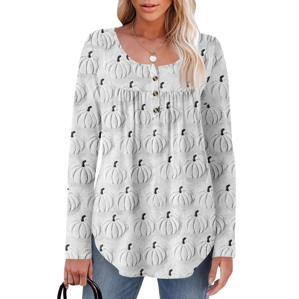 Dame Langermet Tunika Løse Topper Casual Oversized Topper Plissert Tunika Knapper Ned Casual Dame Print Topper