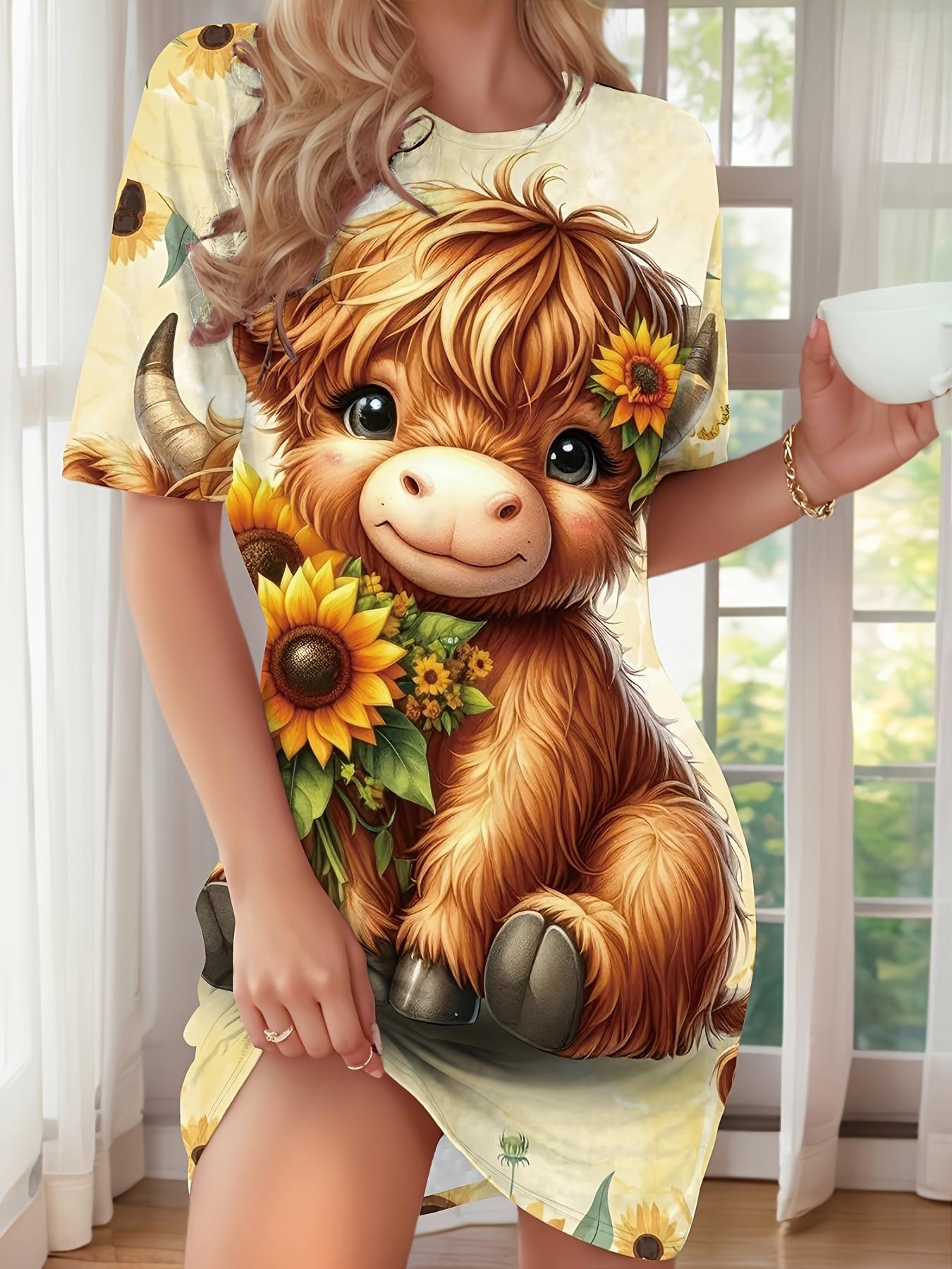 

New Women S Sunflower And Highland Cow Printed Pajamas. Comfortable Short-Sleeve Round-Neck T-Shirt Dress. Machine Washable. Non-See-Through Comfortab XL дубильная кора