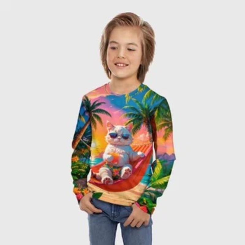 Children's Cartoon Fox Kitten Printed Animal T-shirt Boys Cute Long Sleeved Soft Comfortable Top