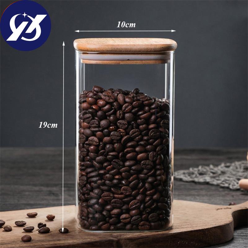 Průhledná čtvercová zapečetěná plechovka skleněná kořenka s víkem Kuchyňská nádrž na uskladnění kávových zrn Zásobník na potraviny