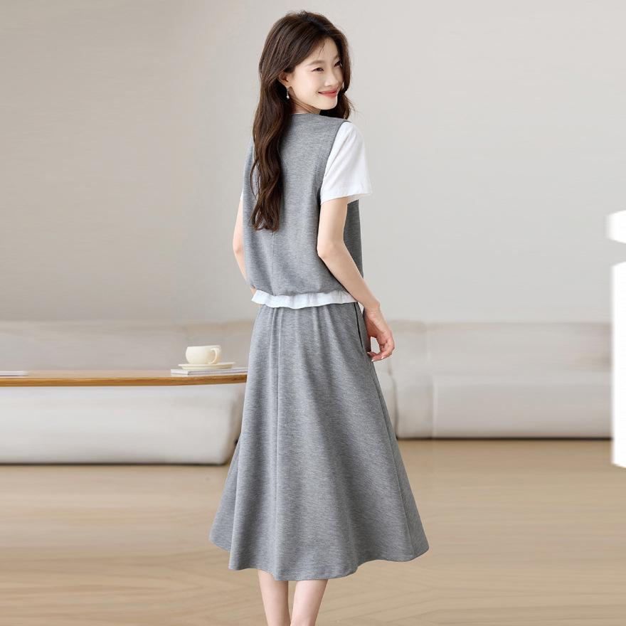 Fashion suit women's summer new loose casual skirt vest top fake two-piece set