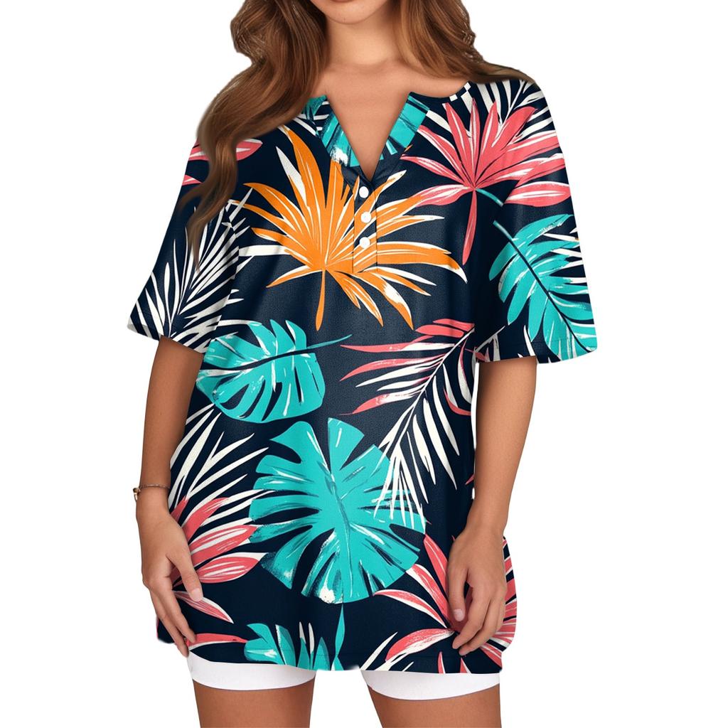 Women's T Shirt Print Button Short Sleeve Daily Weekend Fashion Basic V- Neck Regular Top