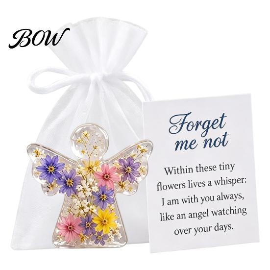 Small Angel Collectible Ornament Forget Me Not Dried Flower Keepsake, Mini Acrylic Pocket Hug Figurine, Commemorative Gift for Sympathy