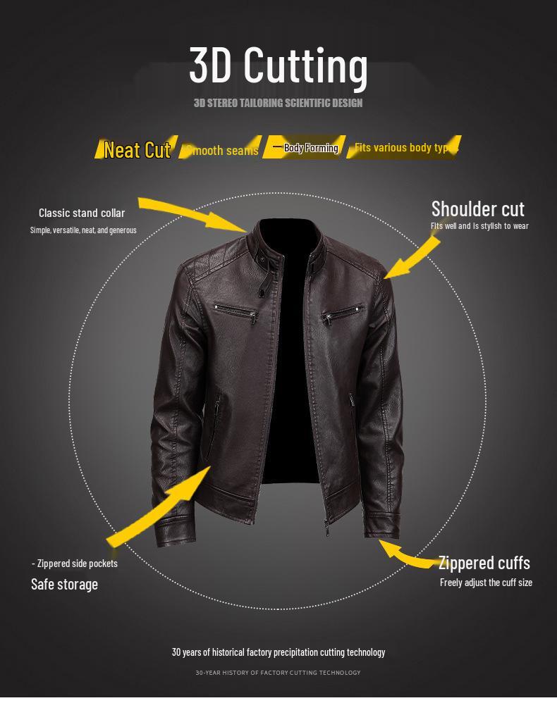Men's Trendy American Stand-Collar Faux Leather Motorcycle Jacket with British and Korean Style