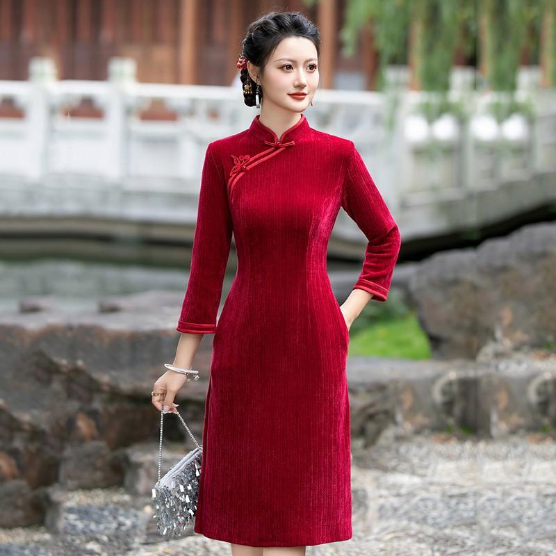 Slim Fit Black Dress Women Vintage Chinese Style Long Sleeve Midi Wear