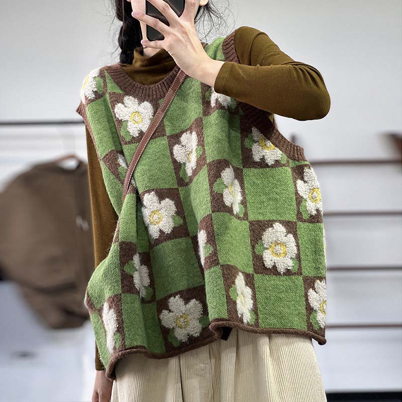 Vest for Women Cotton Autumn Winter Sleeveless Tops Vest Floral Pattern Knitted Vest Oversize Thickened Vest