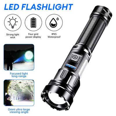Powerful Long Range LED Flashlight High Lumens Type-C Rechargeable with Side Light Output Power Bank Zoom Linterna Torch Light