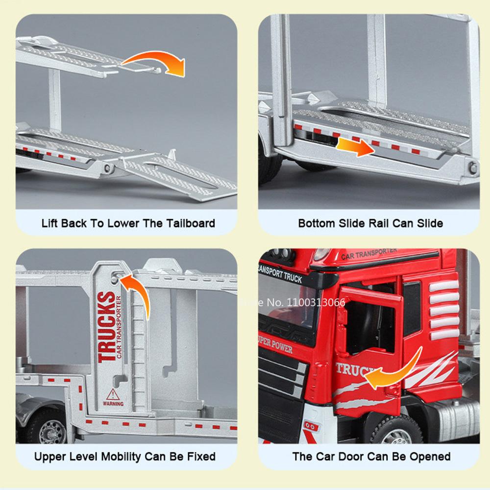 1:48 Alloy Diecast Car Carrier Model Toys Miniature Cars Double Decker Light Sound Trailer Transport Vehicle Boys Birthday Gifts