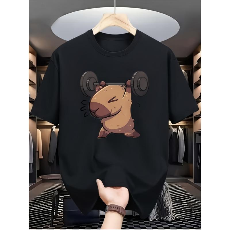 European sizes Capybara Print Men S Casual Digital Print T-Shirt , Round Neck, Short Sleeves, Street Hip-Hop Style S