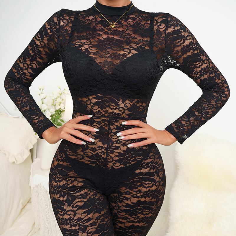 Autumn and Winter Spice Girl Perspective Slim-fit Lace Jacquard Jumpsuit Hollow Long-sleeved Seduction Jumpsuit