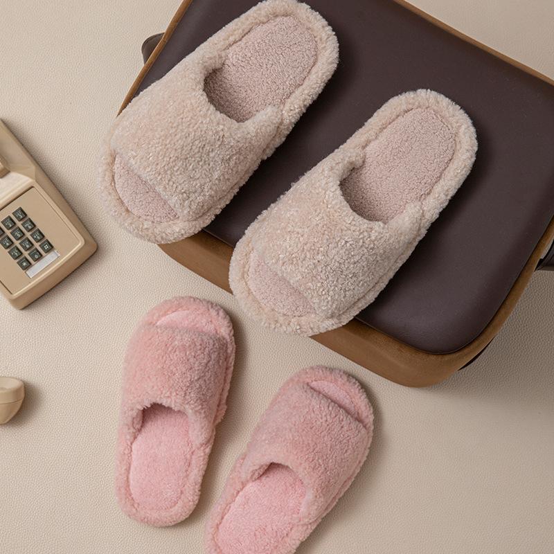 Solid color open cotton slippers ins fluffy slippers basic home plush slippers