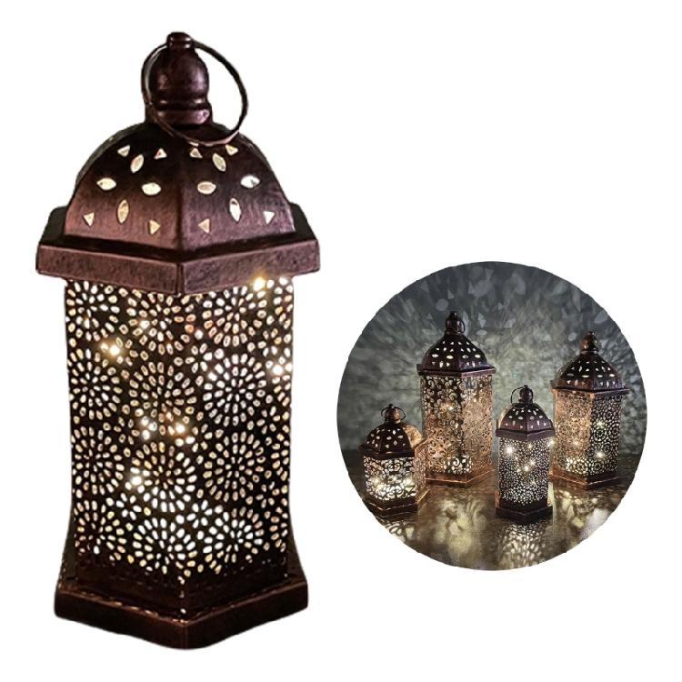 Middle East Arab Metal Vintage Hanging Lamp Hollowed Iron LED Lanterns Battery Operated Home Table Centerpieces Decors