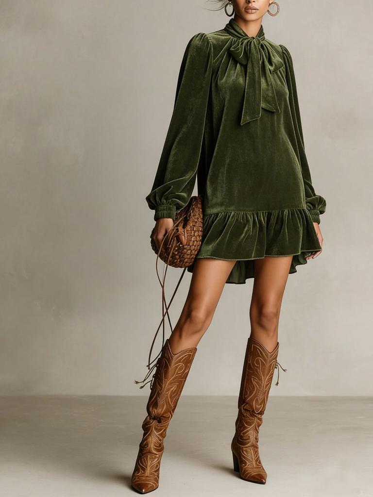 Women's Velvet Bubble Sleeve Bow Neck Ruffle Hem Midi Dress