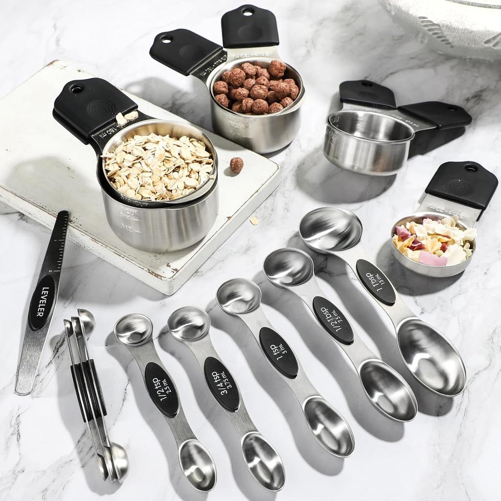 Magnetic Measuring Cups and Spoons Set Including 7 Stainless Steel Measuring Cups 8 Double Sided Magnetic Measuring Spoons Set with 1 Leveler Kitchen