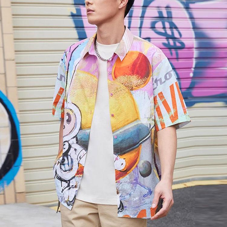 LiNing Loose Cartoon All-Over Print Turndown Collar Short Sleeve Shirt Unisex Tops Red Coral-Pink ASHS899-1