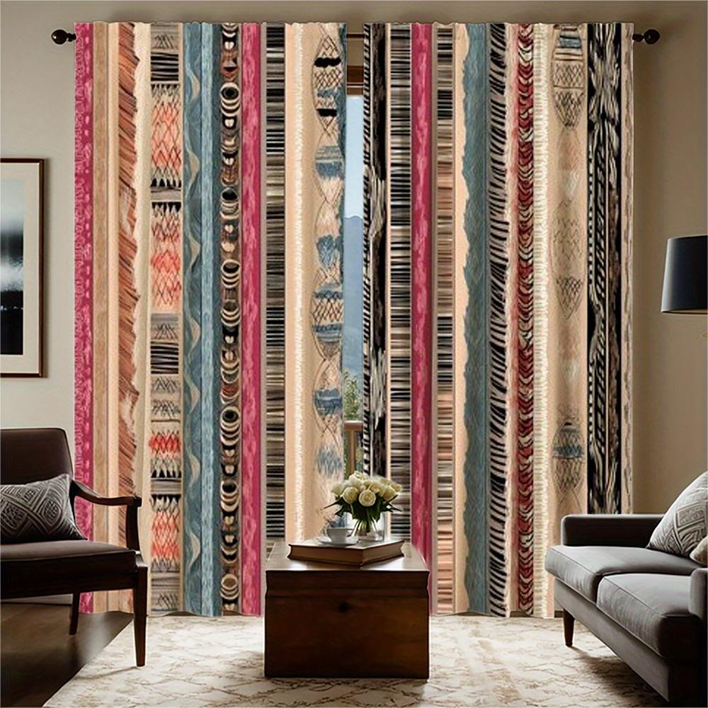 2pcs Bohemian Ethnic Curtains - Semi-Sheer Window Drapes with Rod Pocket   Tribal Stripe patterns in Beige Blue Pink