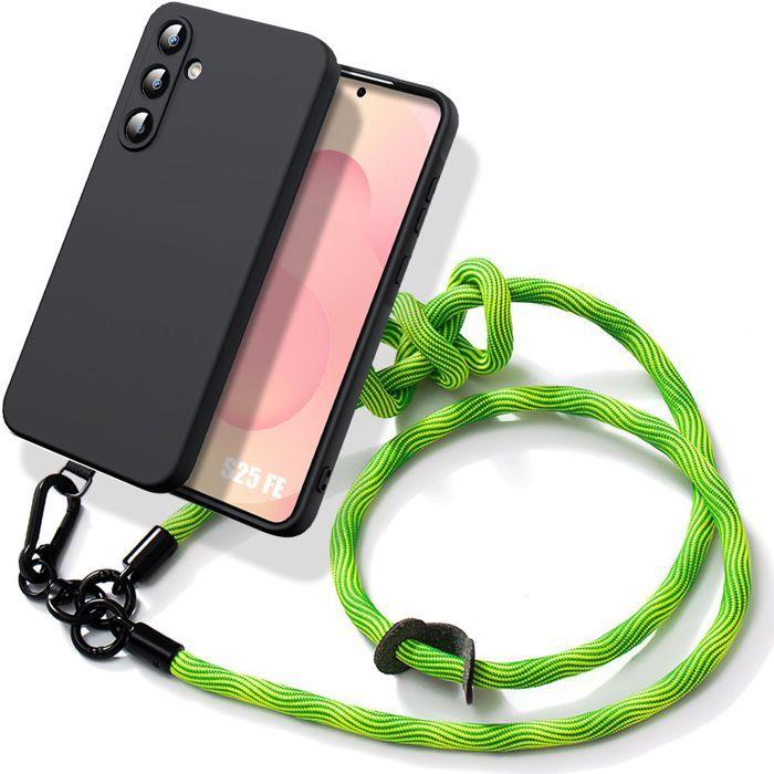 Coque pour Samsung Galaxy S25 FE, Silicone Liquide Slim Noir avec Bandoulière Robuste Verte