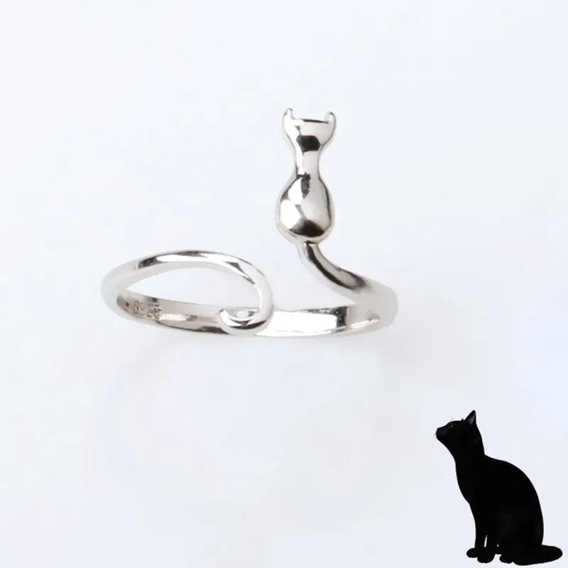 Adjustable Cat Ring For Women Moon Charm Openable Geometric Minimalist Jewelry Korean Style Stackable Tail Finger Ring Whimsical Animal Jewelry Gift