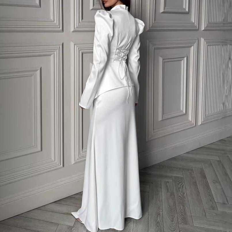 26 Europe, America, Amazon cross-border women's clothing new minimalist high-end stand-up collar bubble long-sleeved fishtail skirt set