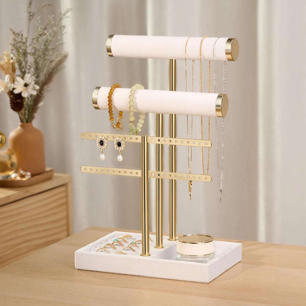 Space Saving T Shaped Jewelry Display Stand with Detachable Layers Metal and Wood Construction for Earrings Rings