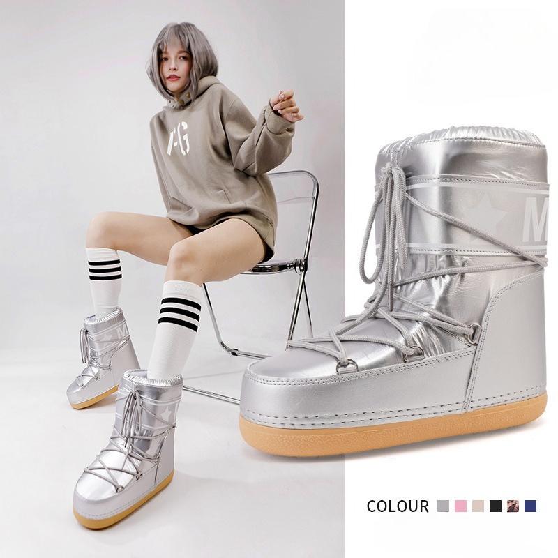 Women's Mid-calf Waterproof Fashion Lightweight Soft Sole Winter Warm Fur One Snow Boots Padded Lined Non-slip Casual Sports Cotton Boots Space Boots