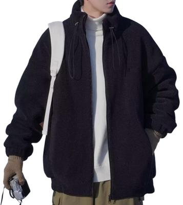 [link Bleu] Men's Fleece Boa Jacket, Fall/Winter Outerwear, Zip-Up, High Neck, Warm, Oversized, Casual, Stylish (Size L, Black)