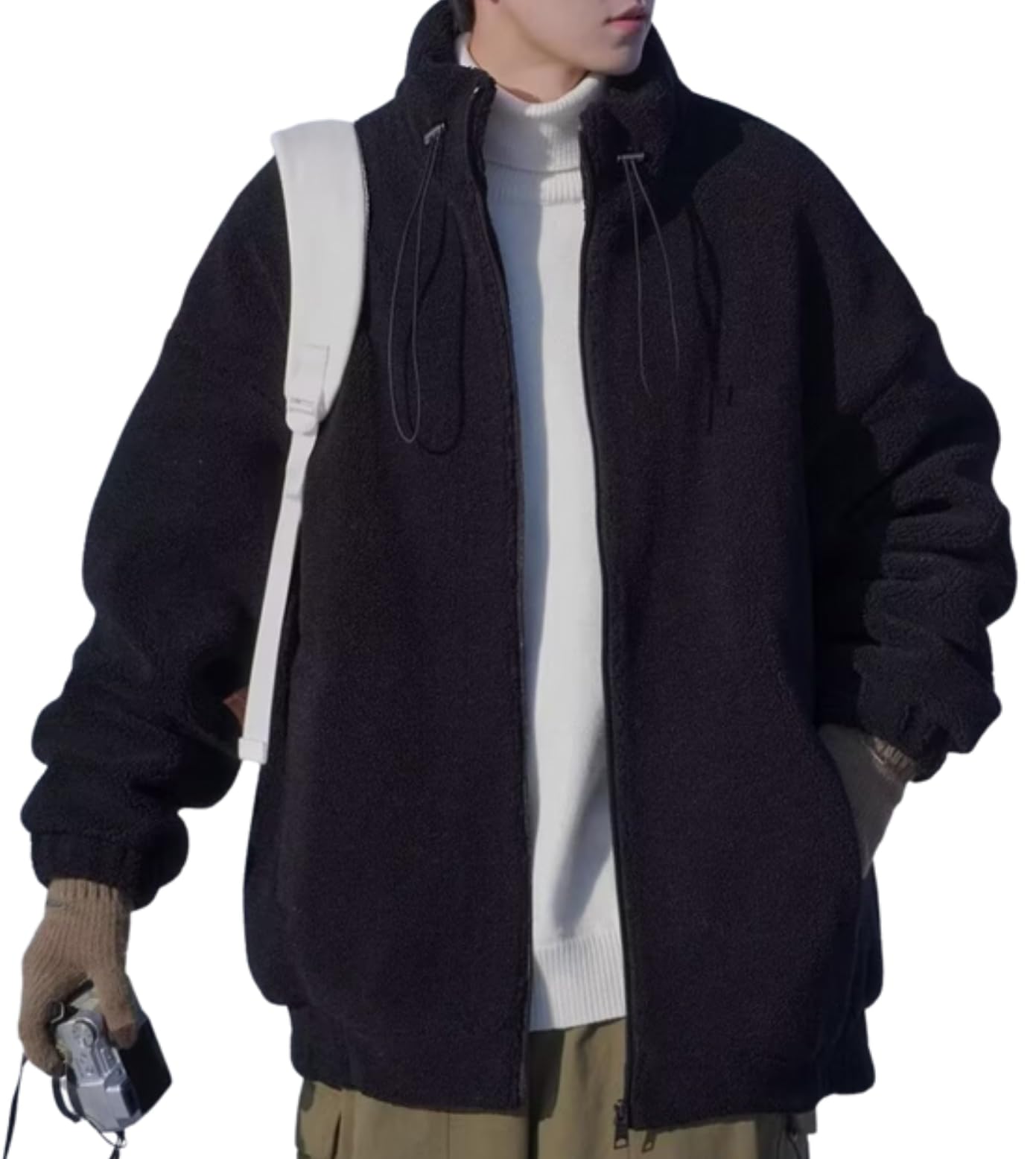 

[link bleu] Men s Fleece Boa Jacket, Fall/Winter Outerwear, Zip-Up, High Neck, Warm, Oversized, Casual, Stylish (Size L, Black)