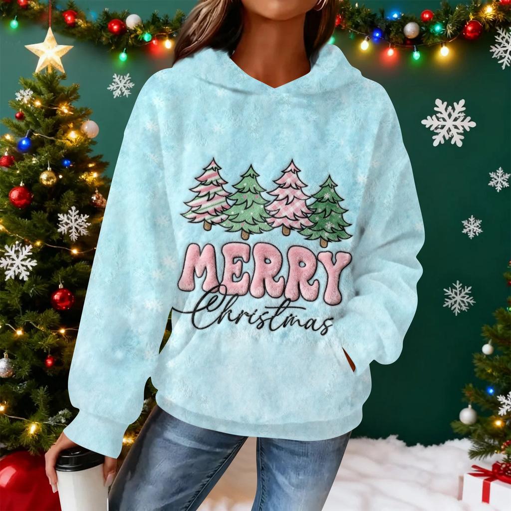 Sudadera con capucha de franela con estampado navideño de manga larga para mujer