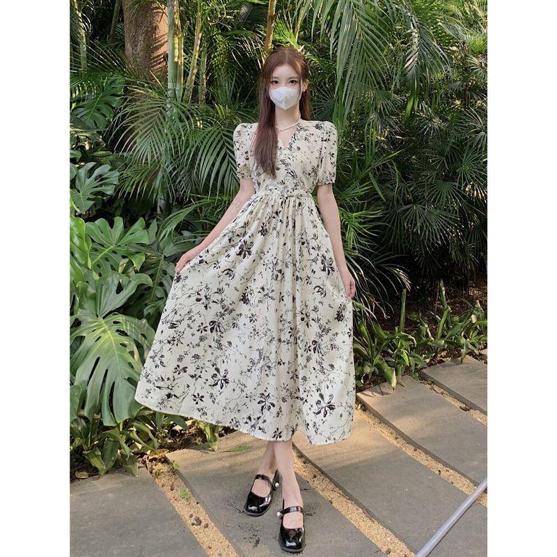 

Retro Europe and America Floral Men Dress Women s Clothing Anti-String Waist French Chiffon Short Sleeve Fake Women s Dress V Neck Dress Black [with pockets]] L