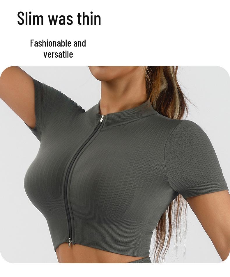 Ensemble de Sport pour Femme : Haut à Col Montant Manches Courtes Fermeture Éclair et Short Ribbed Taille Haute Contrôle du Ventre Lifting des Fesses