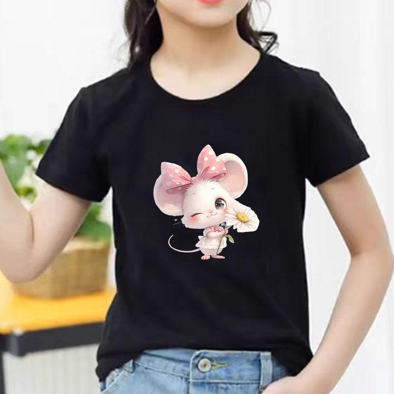 Kids Cotton T Shirt Adorable Mouse With Bow  Flower Print Crew Neck Short Sleeve Tee Casual Boys Girls Summer Tops