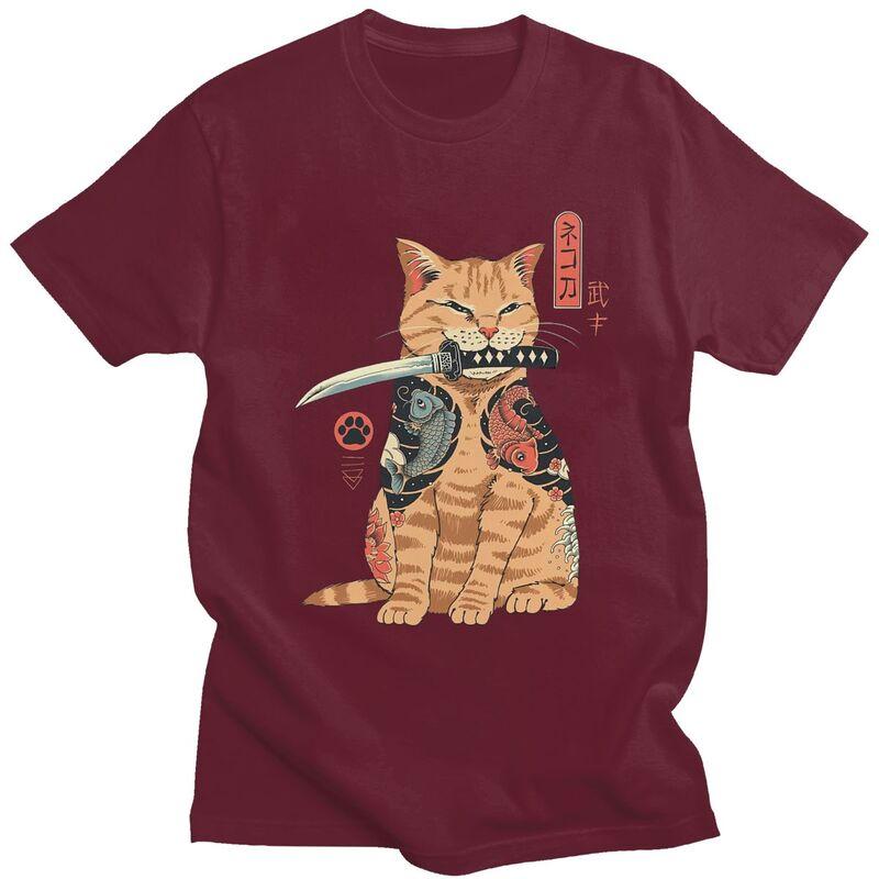 Custom Fashion Funny Japanese Samurai Cat T Shirt Men Tshirt Streetwear Tee Tops Pure Cotton Oversized Tshirts Merch