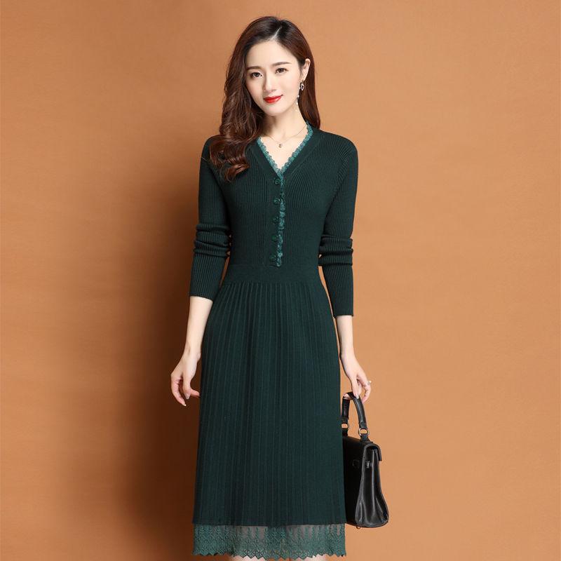 SCIONE Lace V-neck Sweater Skirt Temperament Mid-length Slim Bottom Skirt All-match Knitted Dress Women